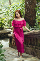 Off-Shoulder Tiered Ruffle Midi Dress in Soft Silk with Waist Tie and Flowy Skirt